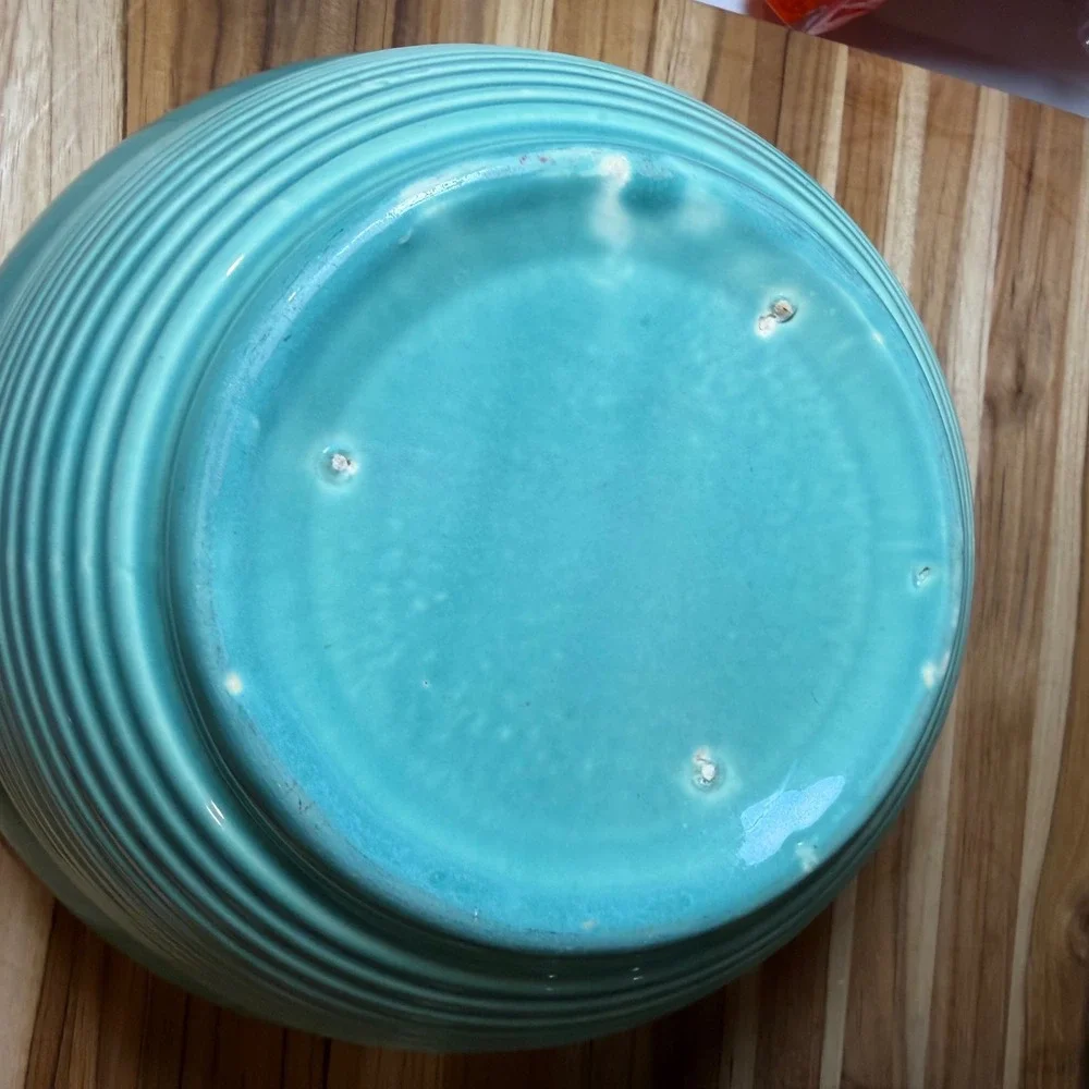 Vintage Aqua Turquoise Ribbed Pottery Mixing Bowl 10.5